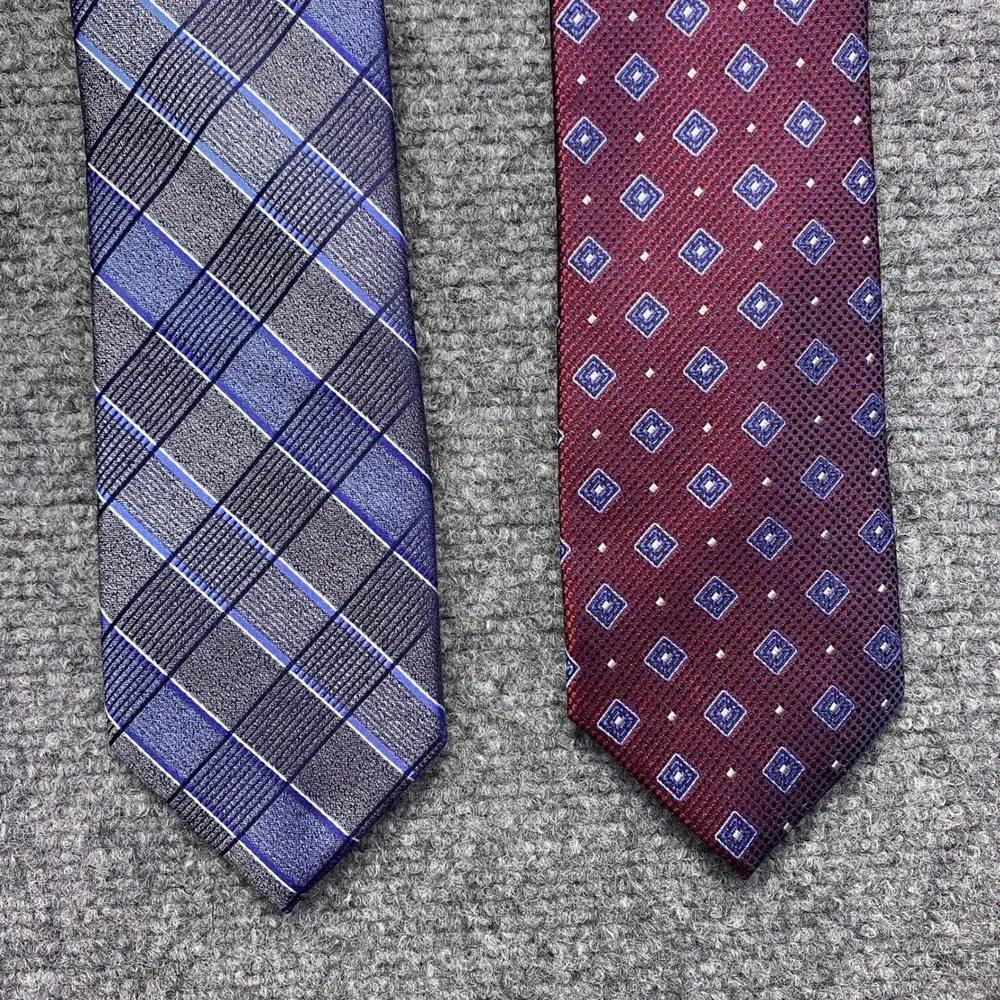 Pronto Uomo Mens Silk Tie Lot of 2 Blue Plaid & Burgundy‎ Geometric Platinum